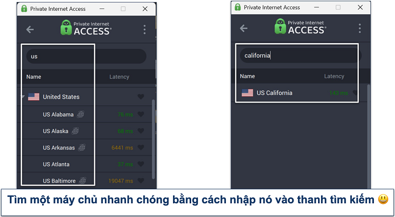 Screenshot of Private Internet Access' Windows app highlighting how to use the server search bar