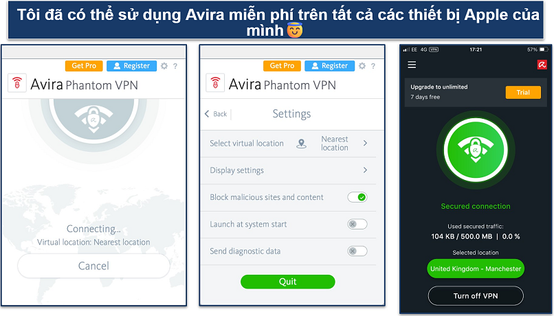 Screenshots showing the Avira Phantom macOS and iOS apps