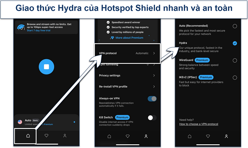 Screenshot of the protocol settings in the Hotspot Shield iOS app