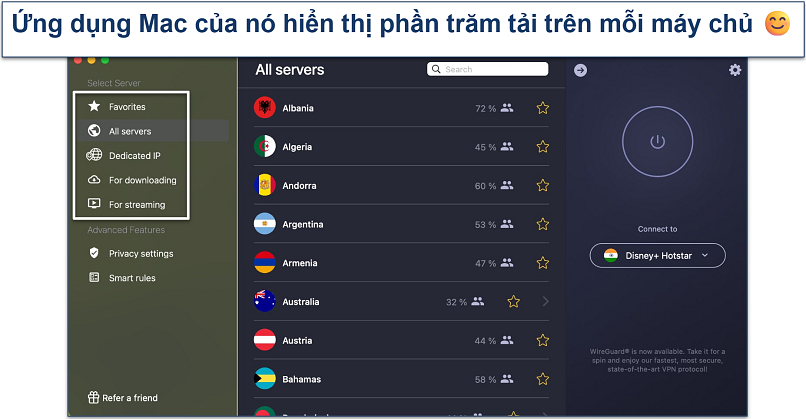 Screenshot of CyberGhost VPN app showing server list with load percentages for different countries