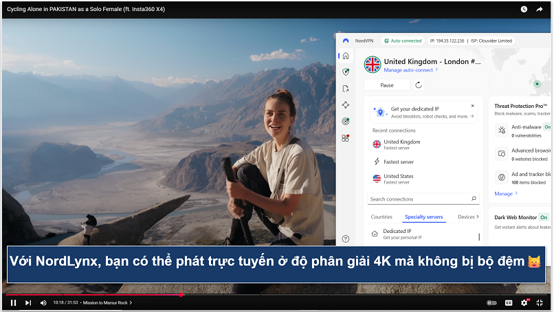 Screenshot of YouTube Premium streaming through NordVPN connected to UK server