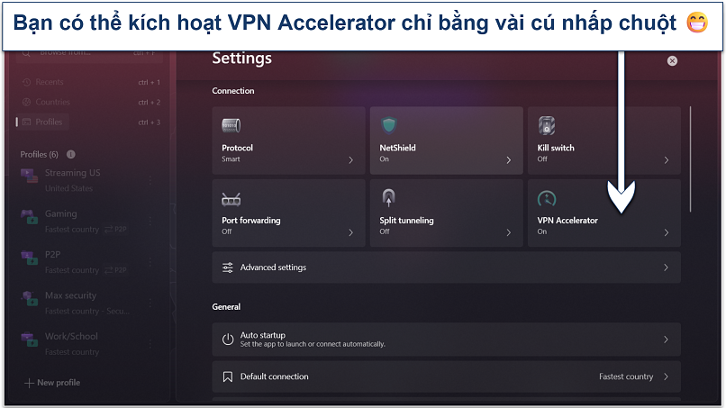 Screenshot of Proton VPN settings page showing the VPN Accelerator toggle enabled