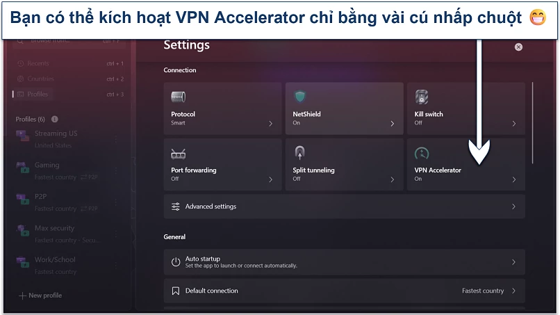 Screenshot of Proton VPN settings page showing the VPN Accelerator toggle enabled