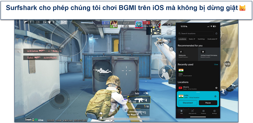 Screenshot of BGMI mobile game being played on iOS with Surfshark VPN connected to India server